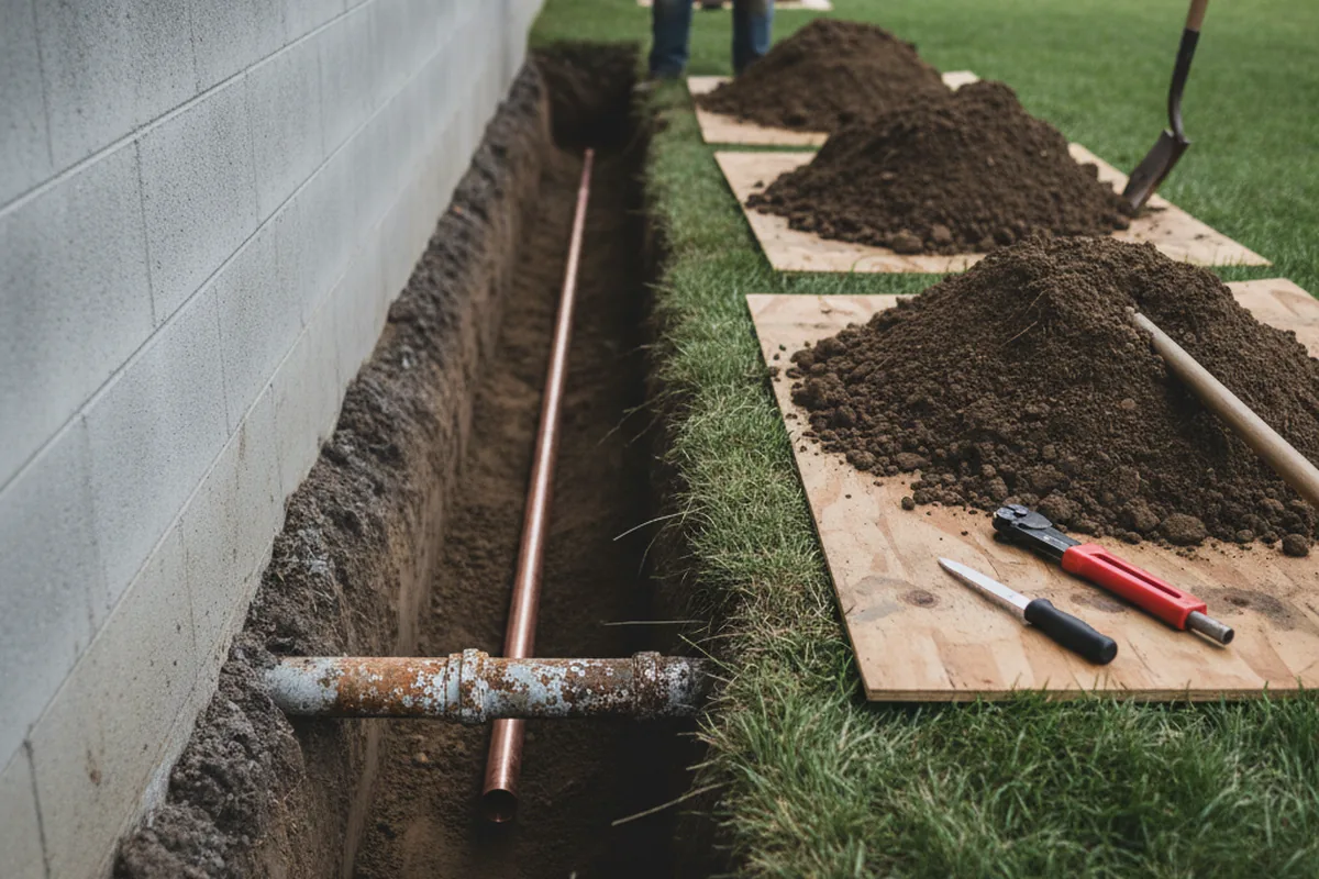 Excavated water line trench during Water Softener Installation in Cumbola